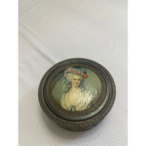 Brass Powder Jar with Victorian Lady Portrait Mirror With Glass Insert Vintage
